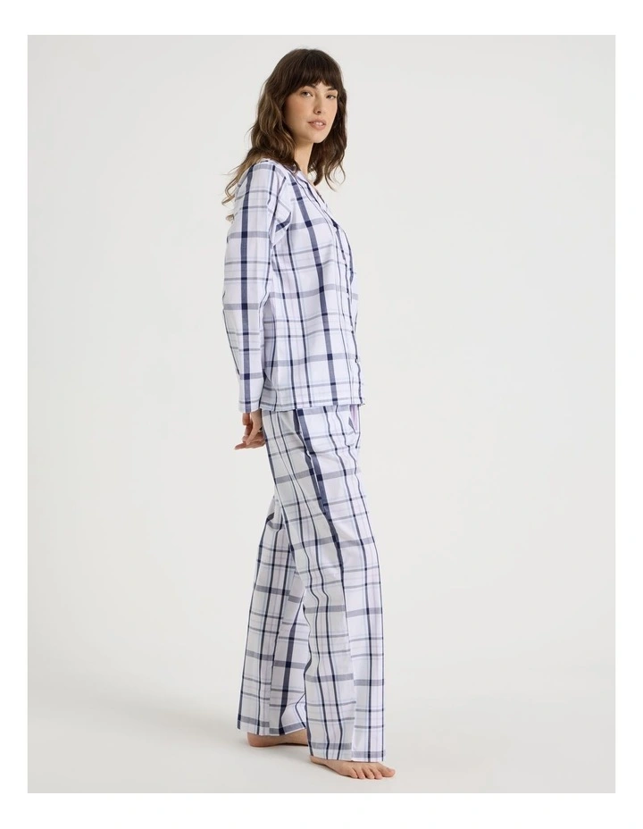 Core Cotton Long Sleeve Long Pant Pyjama Set in White & Navy Check Print image 4