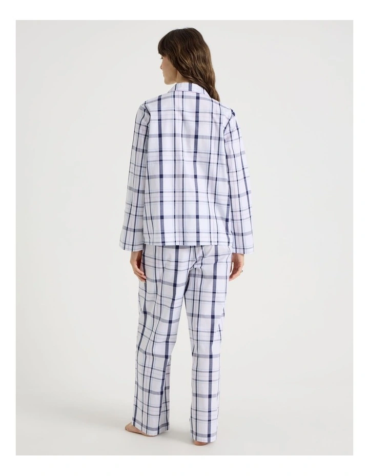 Core Cotton Long Sleeve Long Pant Pyjama Set in White & Navy Check Print image 6