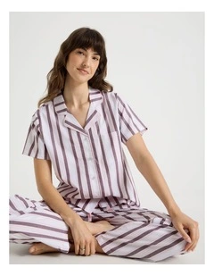 Core Cotton Short Sleeve Long Pant Pyjama Set in White & Choc Stripe Print