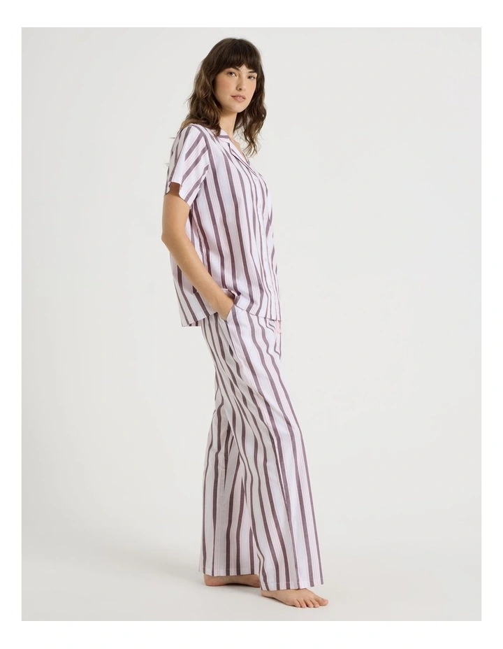 Core Cotton Short Sleeve Long Pant Pyjama Set in White & Choc Stripe Print image 2