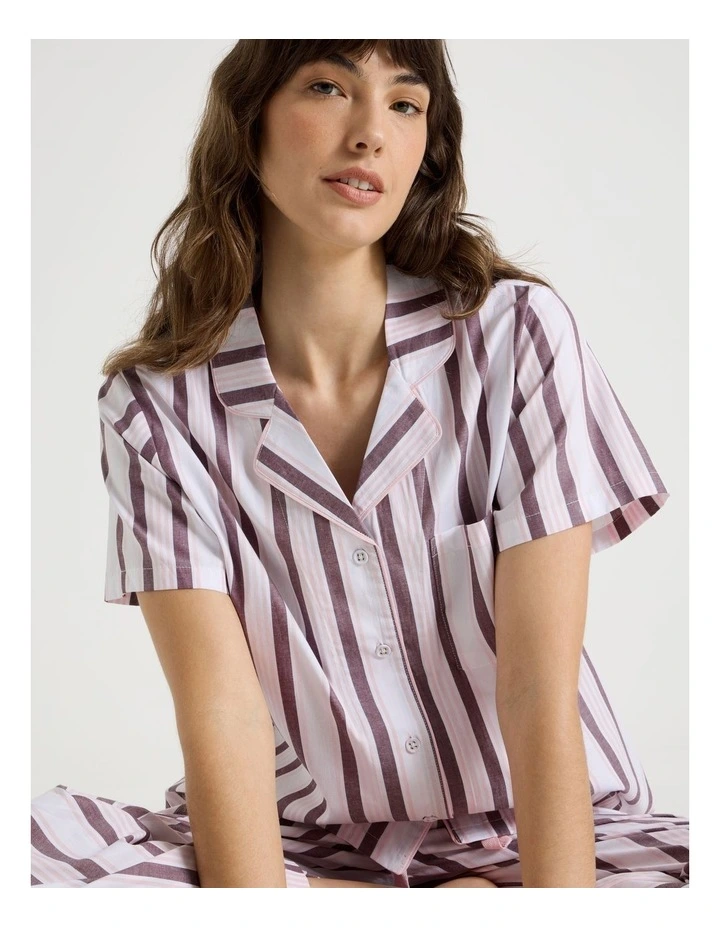 Core Cotton Short Sleeve Long Pant Pyjama Set in White & Choc Stripe Print image 3