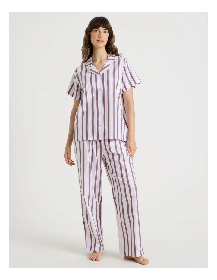 Core Cotton Short Sleeve Long Pant Pyjama Set in White & Choc Stripe Print image 4
