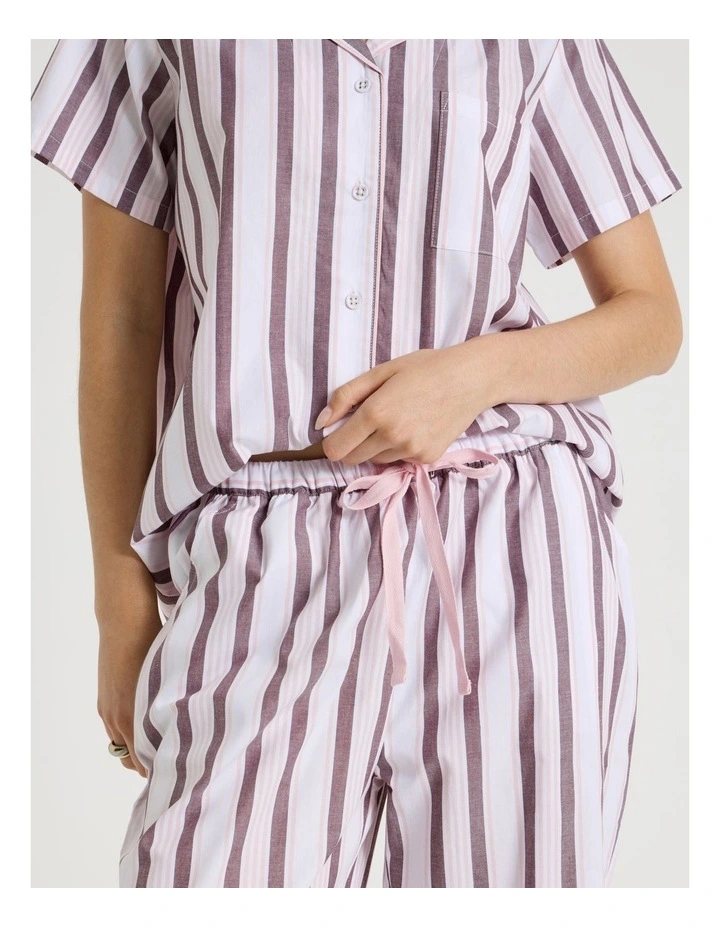 Core Cotton Short Sleeve Long Pant Pyjama Set in White & Choc Stripe Print image 5