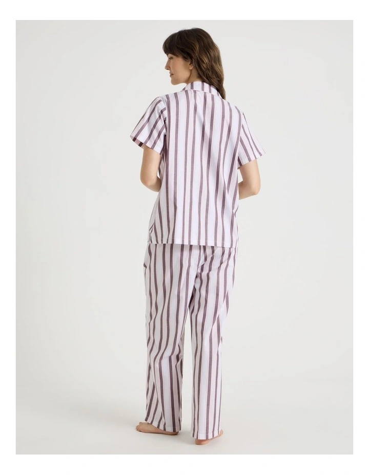 Core Cotton Short Sleeve Long Pant Pyjama Set in White & Choc Stripe Print image 6