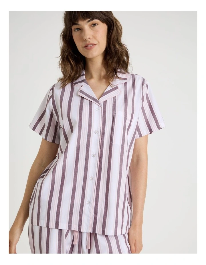 Core Cotton Short Sleeve Long Pant Pyjama Set in White & Choc Stripe Print image 7