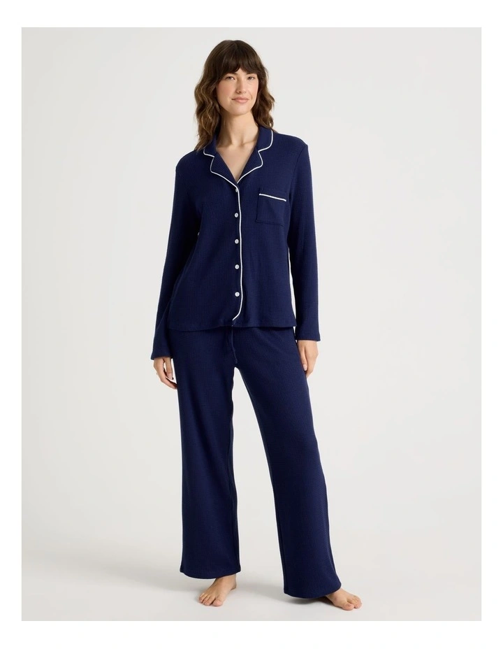 Cosy Winter Waffle Long Sleeve Pyjama Set in Navy image 1