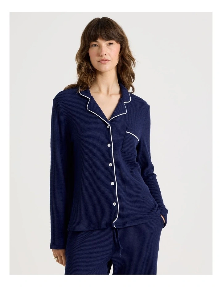 Cosy Winter Waffle Long Sleeve Pyjama Set in Navy image 2