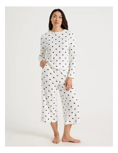 Crew Neck Long Sleeve Pyjama Set in Navy Hearts Print