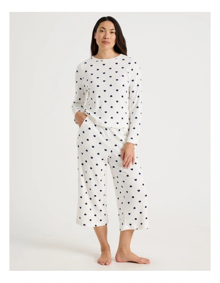 Crew Neck Long Sleeve Pyjama Set in Navy Hearts Print image 1