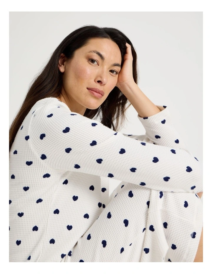 Crew Neck Long Sleeve Pyjama Set in Navy Hearts Print image 2