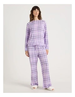 Cosy Brushed Knit Jersey Long Sleeve Wide Pant Pyjama Set in Navy Windowpane Check Print