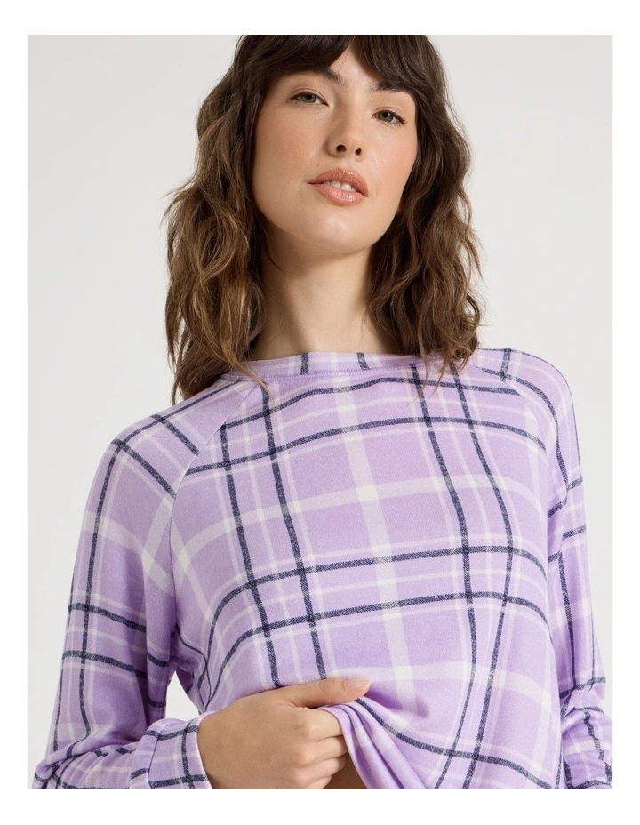 Cosy Brushed Knit Jersey Long Sleeve Wide Pant Pyjama Set in Navy Windowpane Check Print image 2