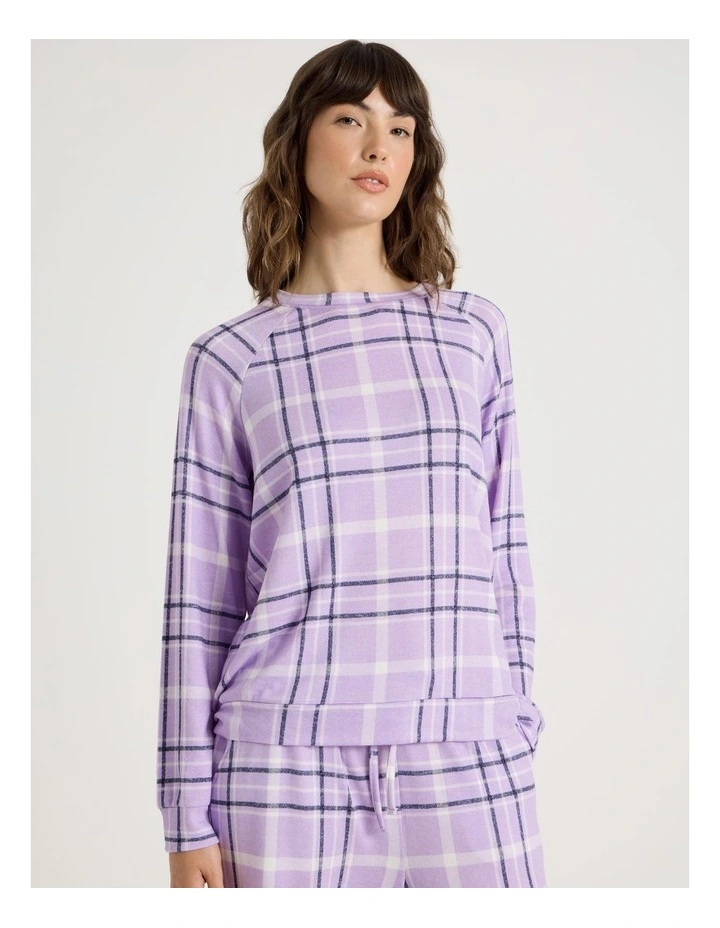 Cosy Brushed Knit Jersey Long Sleeve Wide Pant Pyjama Set in Navy Windowpane Check Print image 3