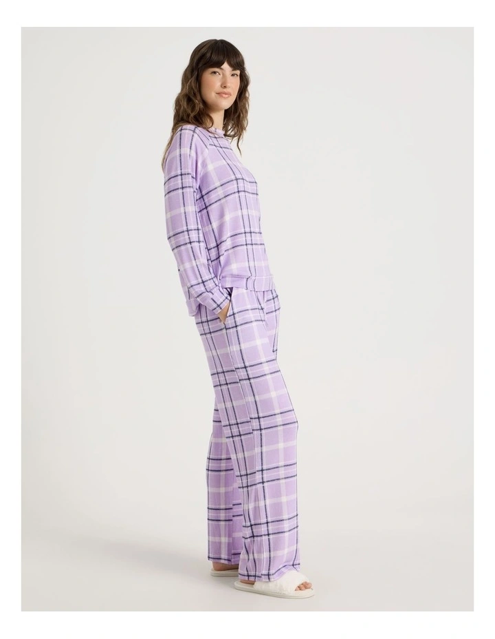 Cosy Brushed Knit Jersey Long Sleeve Wide Pant Pyjama Set in Navy Windowpane Check Print image 4