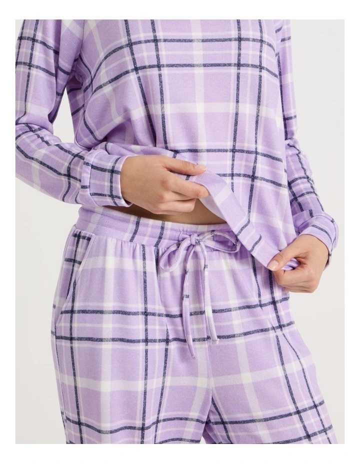 Cosy Brushed Knit Jersey Long Sleeve Wide Pant Pyjama Set in Navy Windowpane Check Print image 5