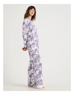 Cosy Brushed Knit Jersey Long Sleeve Wide Pant Pyjama Set in Lilac Floral Outline Print