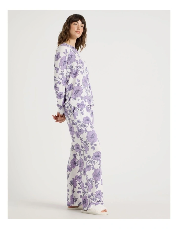 Cosy Brushed Knit Jersey Long Sleeve Wide Pant Pyjama Set in Lilac Floral Outline Print image 1