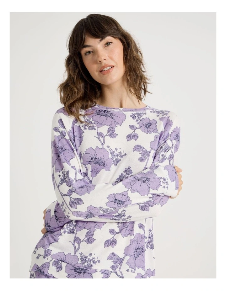 Cosy Brushed Knit Jersey Long Sleeve Wide Pant Pyjama Set in Lilac Floral Outline Print image 2