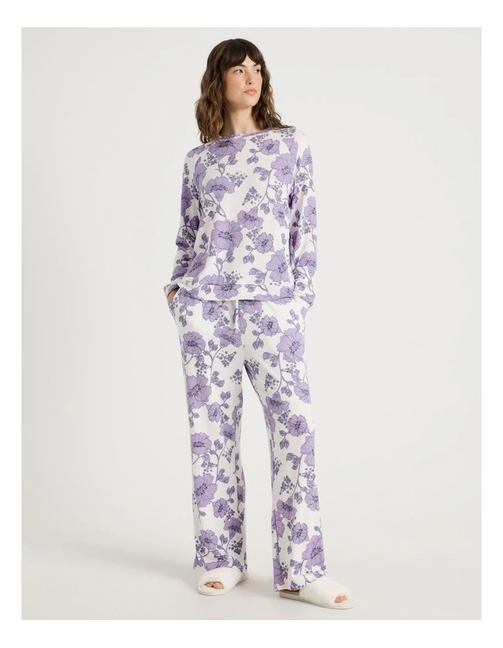 Cosy Brushed Knit Jersey Long Sleeve Wide Pant Pyjama Set in Lilac Floral Outline Print image 4