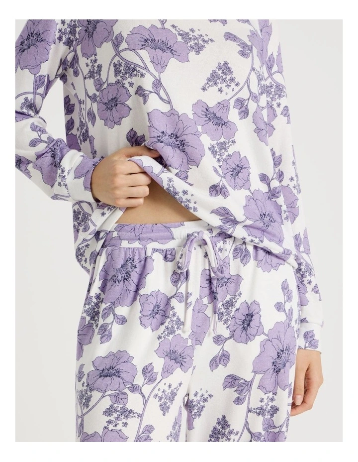 Cosy Brushed Knit Jersey Long Sleeve Wide Pant Pyjama Set in Lilac Floral Outline Print image 5