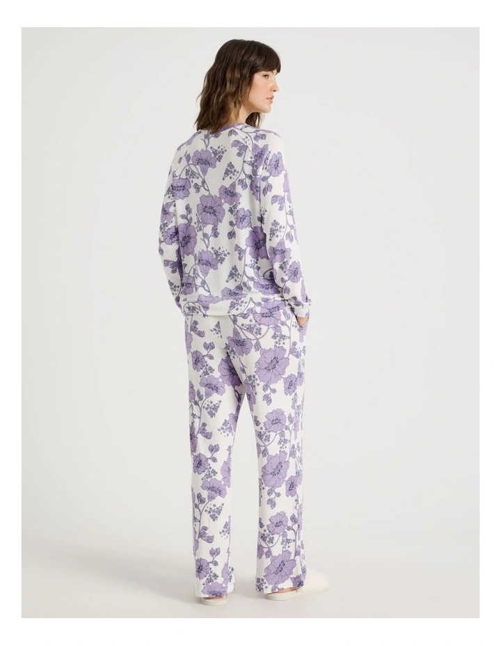 Cosy Brushed Knit Jersey Long Sleeve Wide Pant Pyjama Set in Lilac Floral Outline Print image 6