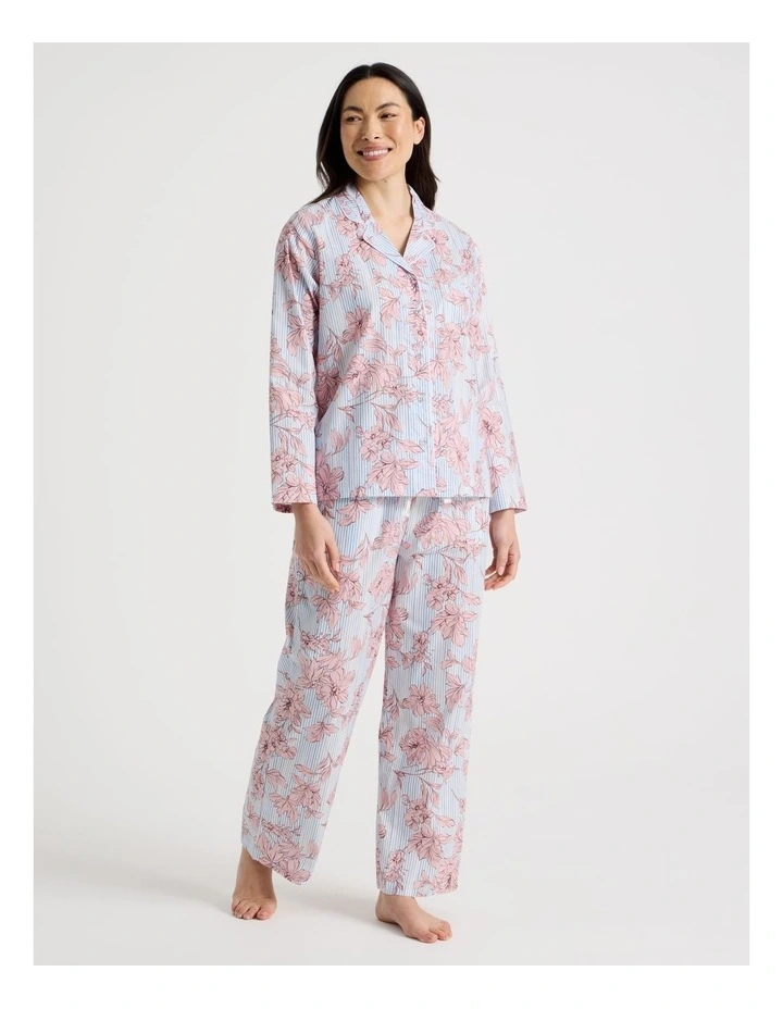 Cotton Long Sleeve Long Pant Pyjama Set in Floral Stripe Print image 1