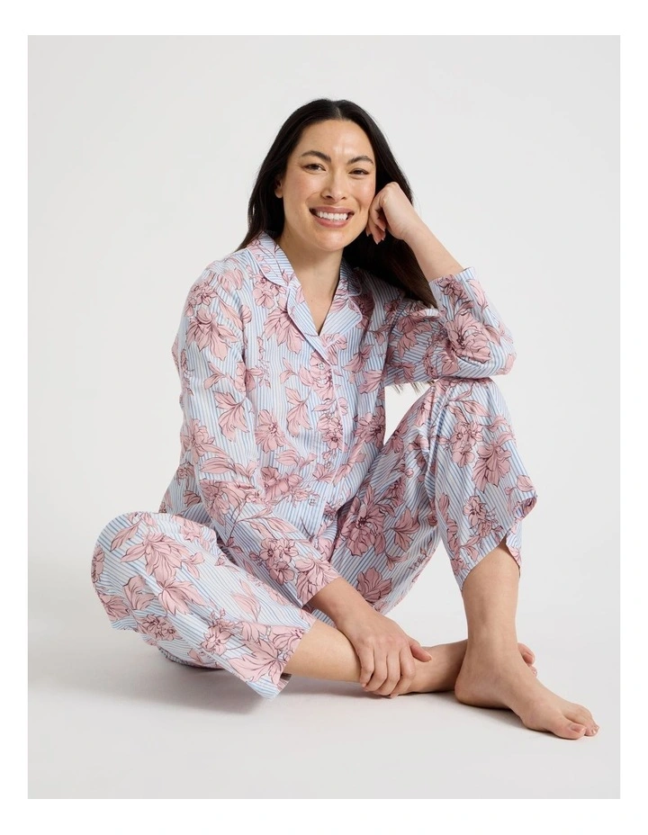 Cotton Long Sleeve Long Pant Pyjama Set in Floral Stripe Print image 4