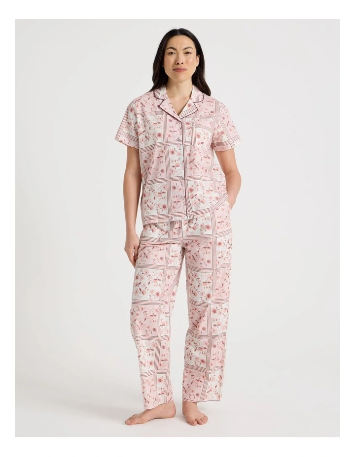 Core Cotton Short Sleeve Long Pant Pyjama Set in Floral Grid Print image 1