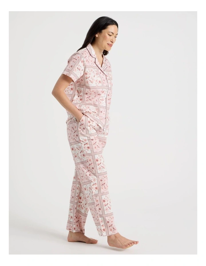 Core Cotton Short Sleeve Long Pant Pyjama Set in Floral Grid Print image 2