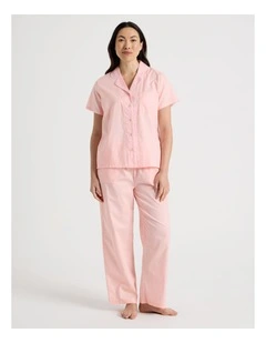 Core Cotton Sateen Short Sleeve Long Pant Pyjama Set in Light Pink