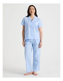 Core Cotton Sateen Short Sleeve Long Pyjama Set in Light Blue