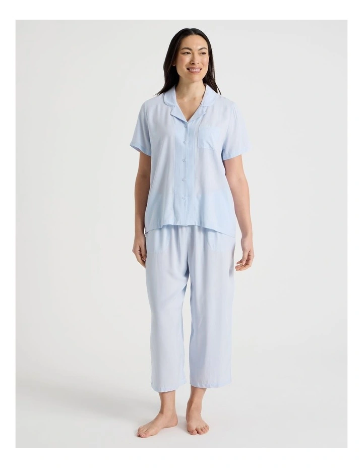 Serene Woven Viscose Short Sleeve Long Pyjama Set in Soft Blue image 1
