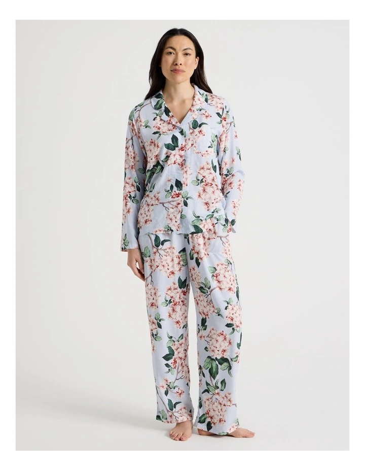 Serene Woven Viscose Long Sleeve 3/4 Pant Pyjama Set in Blue Blossoms Print image 1