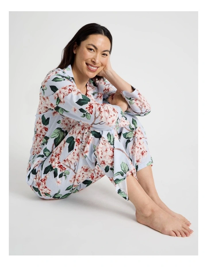 Serene Woven Viscose Long Sleeve 3/4 Pant Pyjama Set in Blue Blossoms Print image 2