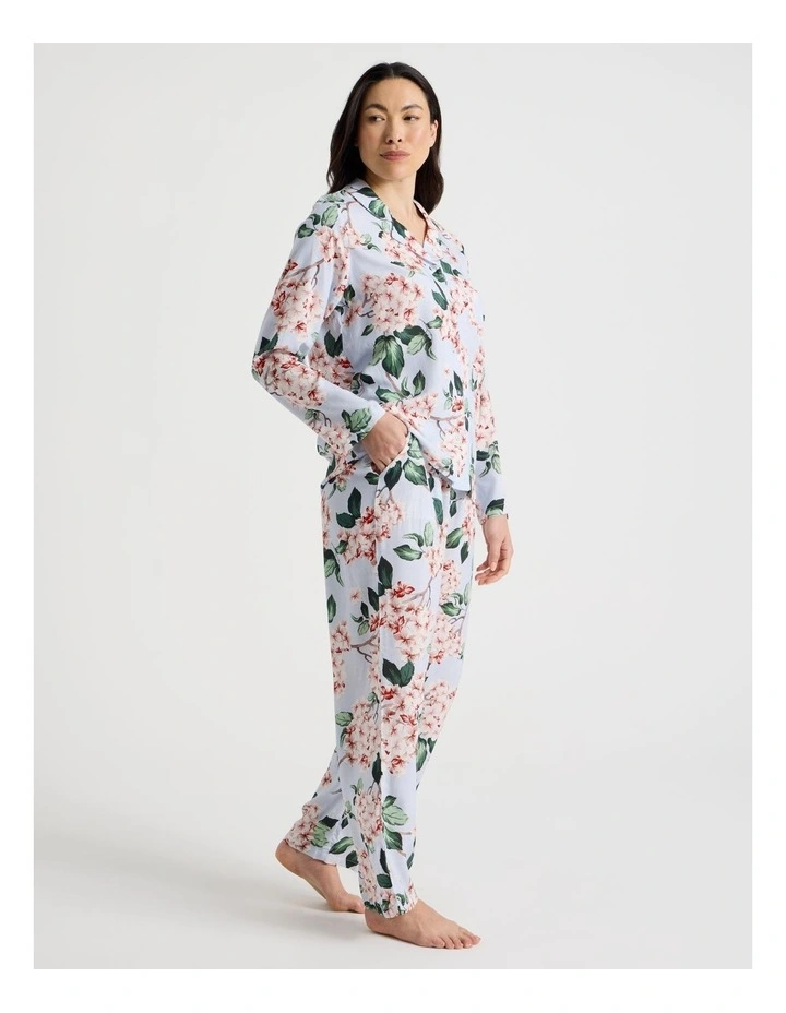 Serene Woven Viscose Long Sleeve 3/4 Pant Pyjama Set in Blue Blossoms Print image 3