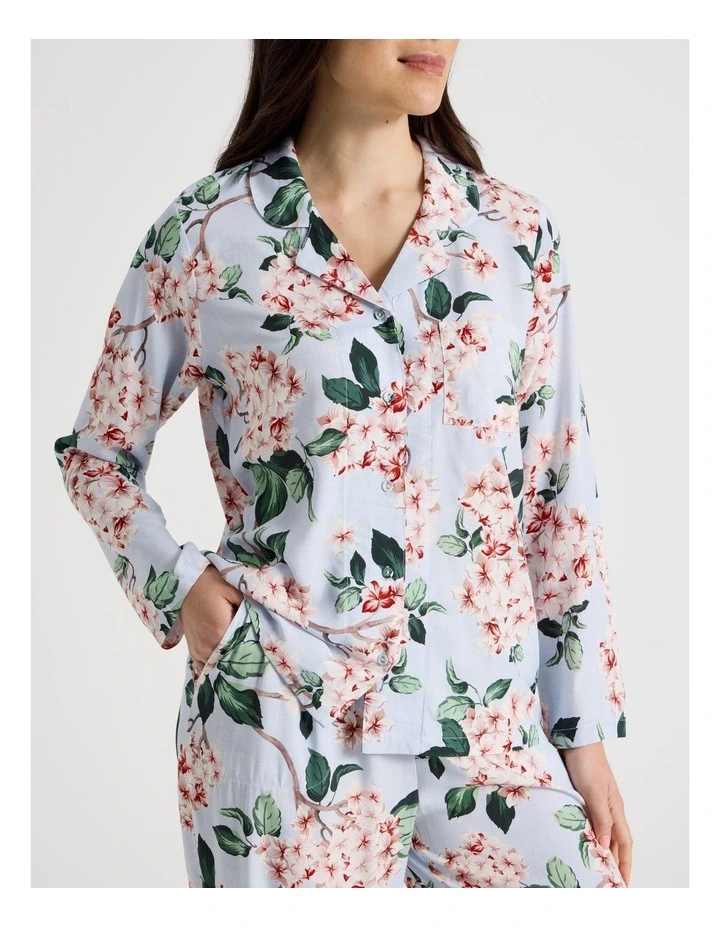Serene Woven Viscose Long Sleeve 3/4 Pant Pyjama Set in Blue Blossoms Print image 4