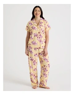 Serene Woven Viscose Short Sleeve Long Pant Pyjama Set in Yellow Orchid Print