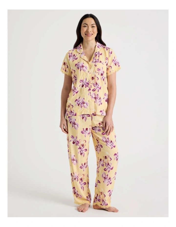 Serene Woven Viscose Short Sleeve Long Pant Pyjama Set in Yellow Orchid Print image 1