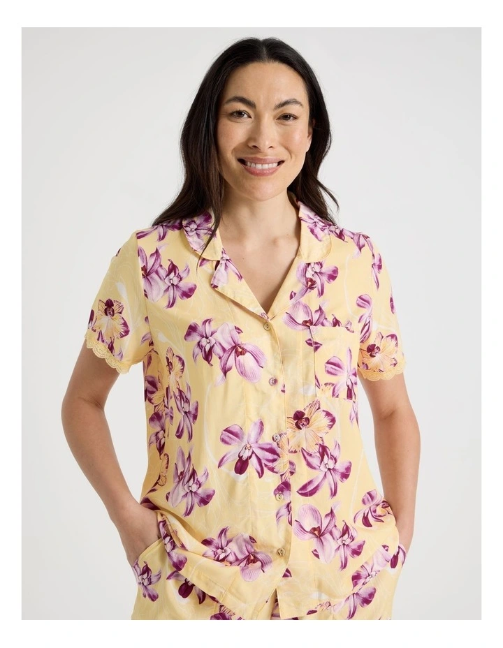 Serene Woven Viscose Short Sleeve Long Pant Pyjama Set in Yellow Orchid Print image 2