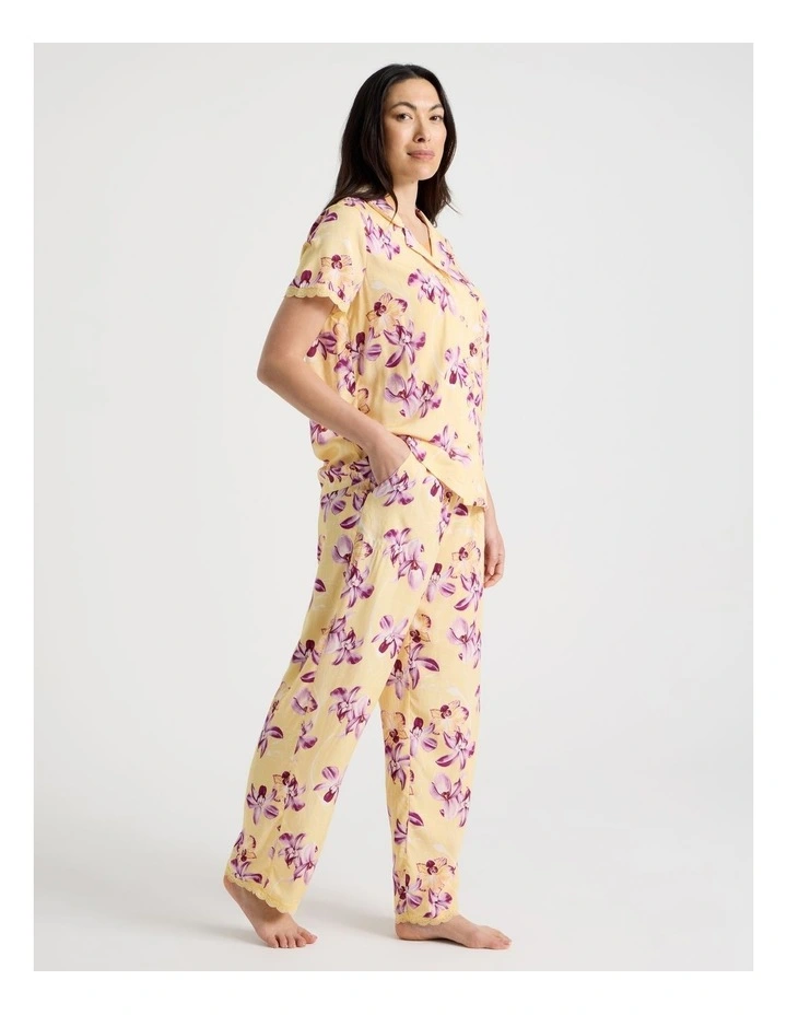 Serene Woven Viscose Short Sleeve Long Pant Pyjama Set in Yellow Orchid Print image 3