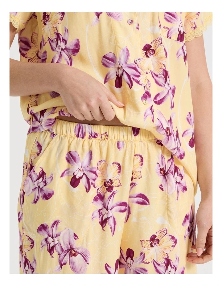 Serene Woven Viscose Short Sleeve Long Pant Pyjama Set in Yellow Orchid Print image 4