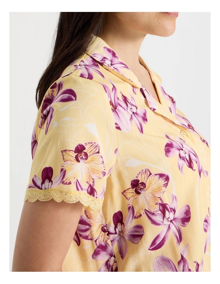Serene Woven Viscose Short Sleeve Long Pant Pyjama Set in Yellow Orchid Print image 5