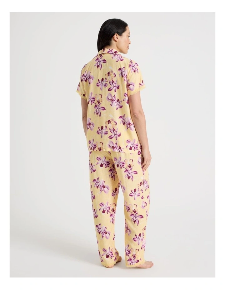 Serene Woven Viscose Short Sleeve Long Pant Pyjama Set in Yellow Orchid Print image 6