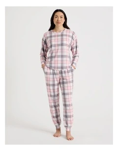 Everyday Long Sleeve Cuff Pant Pyjama Set in Pink & Purple Check Print