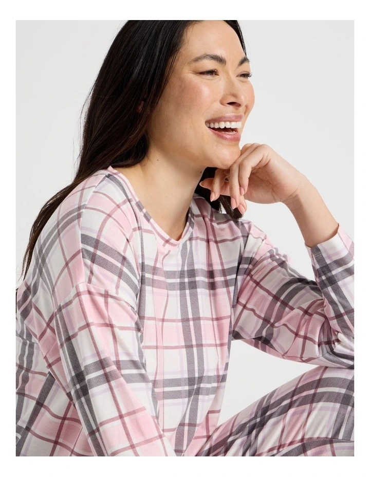 Everyday Long Sleeve Cuff Pant Pyjama Set in Pink & Purple Check Print image 2