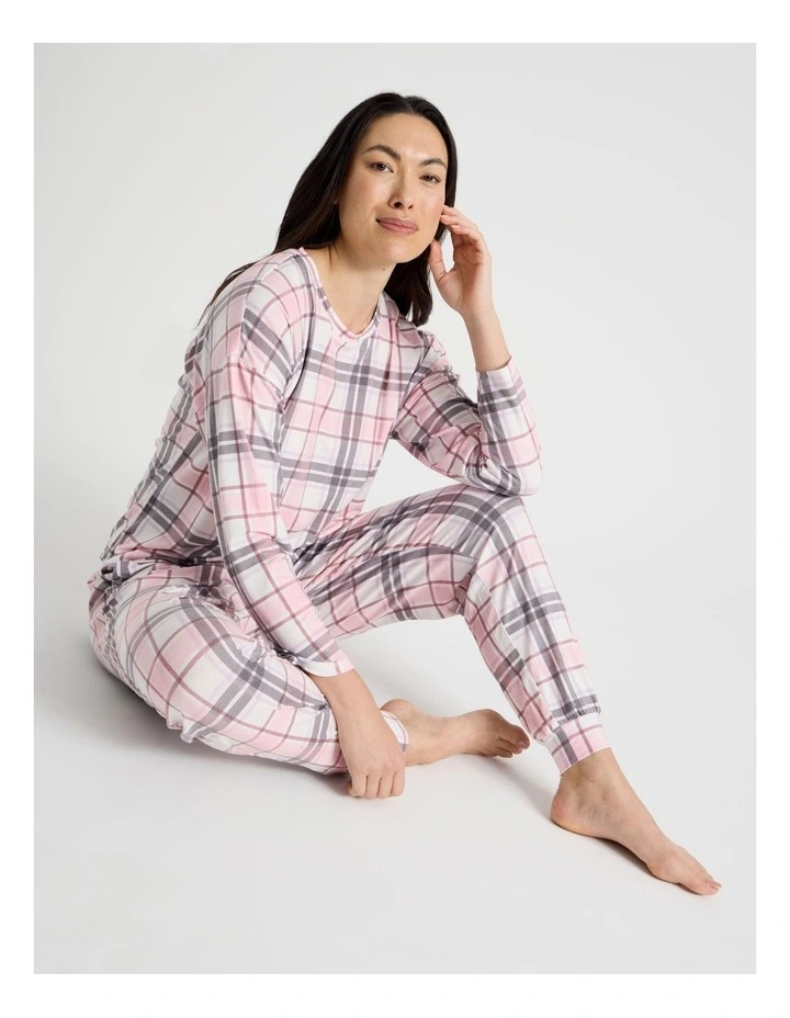 Everyday Long Sleeve Cuff Pant Pyjama Set in Pink & Purple Check Print image 4