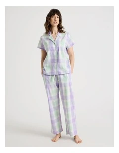 Cotton Woven Short Sleeve Long Pant Pyjama Set in Mint Lilac Check
