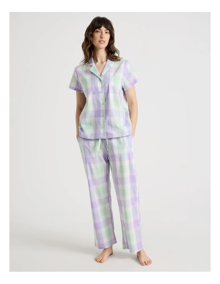 Cotton Woven Short Sleeve Long Pant Pyjama Set in Mint Lilac Check image 1