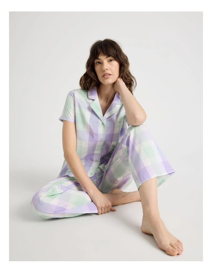 Cotton Woven Short Sleeve Long Pant Pyjama Set in Mint Lilac Check image 2