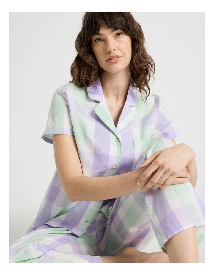 Cotton Woven Short Sleeve Long Pant Pyjama Set in Mint Lilac Check image 3